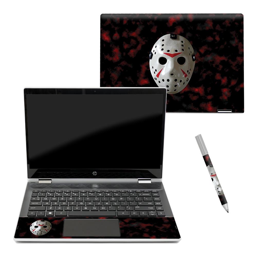 MightySkins 13th Nightmare skin for HP Pavilion x360 14" (2018) in Matte, Carbon Fiber, and Glossy Glitter finishes.