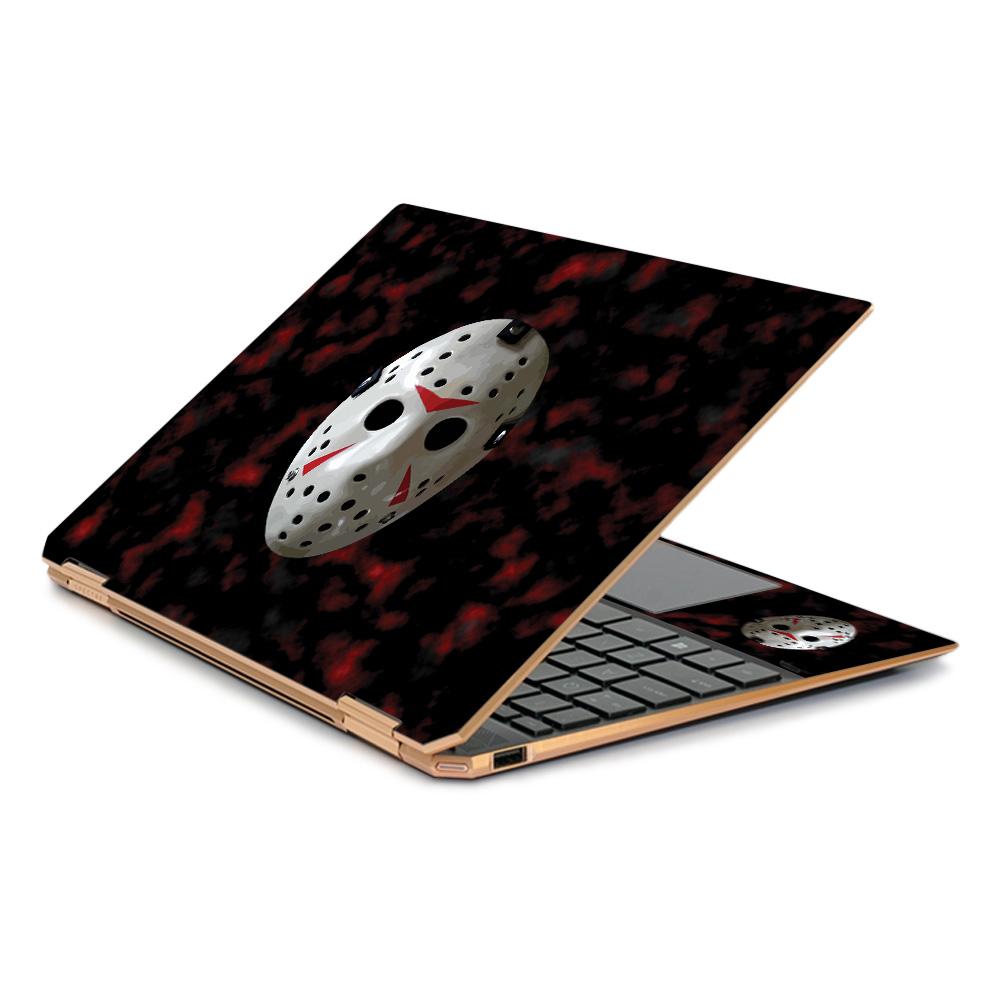 MightySkins 13th Nightmare skin for HP Spectre x360 13.3", showcasing Matte, Carbon Fiber, and Glossy Glitter finishes.