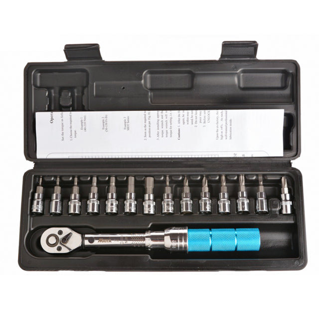 Adjustable torque wrench for bicycle repairs, featuring a chrome-vanadium steel body and a clear torque range indicator.