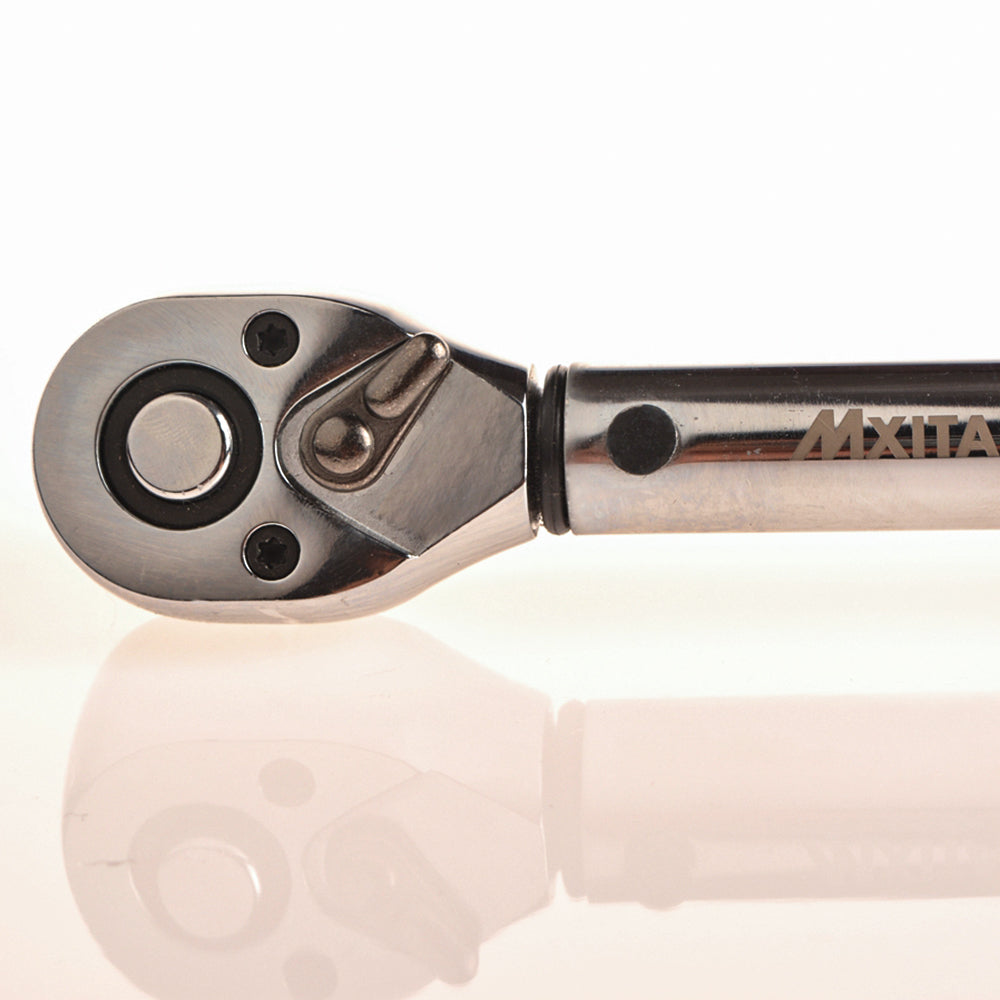 Adjustable torque wrench for bicycle repairs, featuring a chrome-vanadium steel body and a clear torque range indicator.