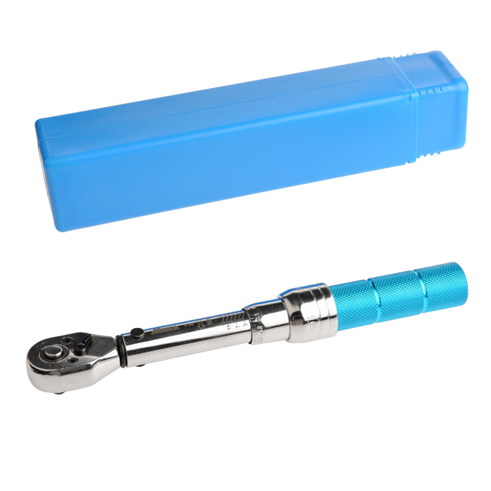 Adjustable torque wrench for bicycle repairs, featuring a chrome-vanadium steel body and a clear torque range indicator.