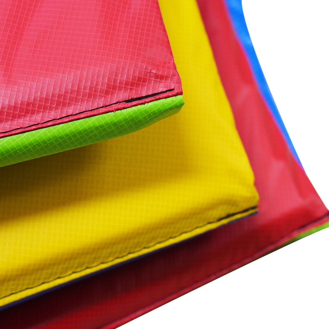 14 FT Kids Trampoline Pad Replacement Mat in vibrant rainbow colors, showcasing its durable and waterproof design.