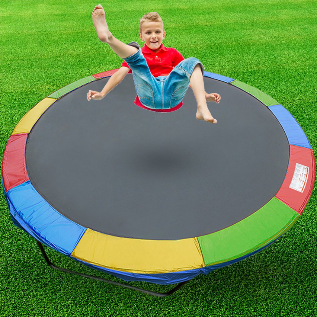 14 FT Kids Trampoline Pad Replacement Mat in vibrant rainbow colors, showcasing its durable and waterproof design.