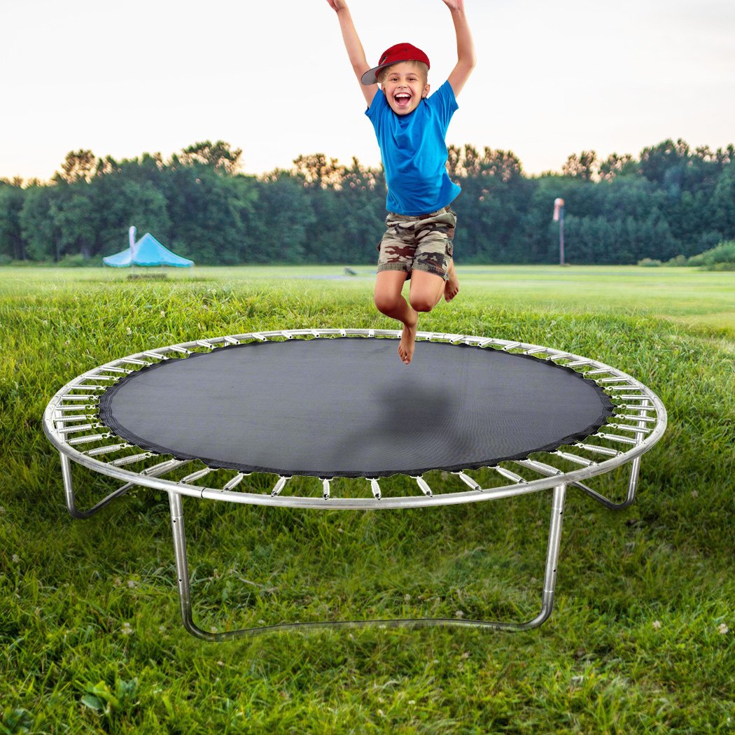 14 FT Kids Trampoline Pad Replacement Mat in black, showcasing its smooth surface and durable stitching for enhanced safety and performance.