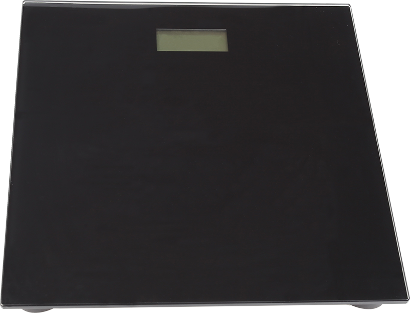 150KG Digital Bathroom Scale with sleek black glass design, featuring a digital display and low-profile structure.