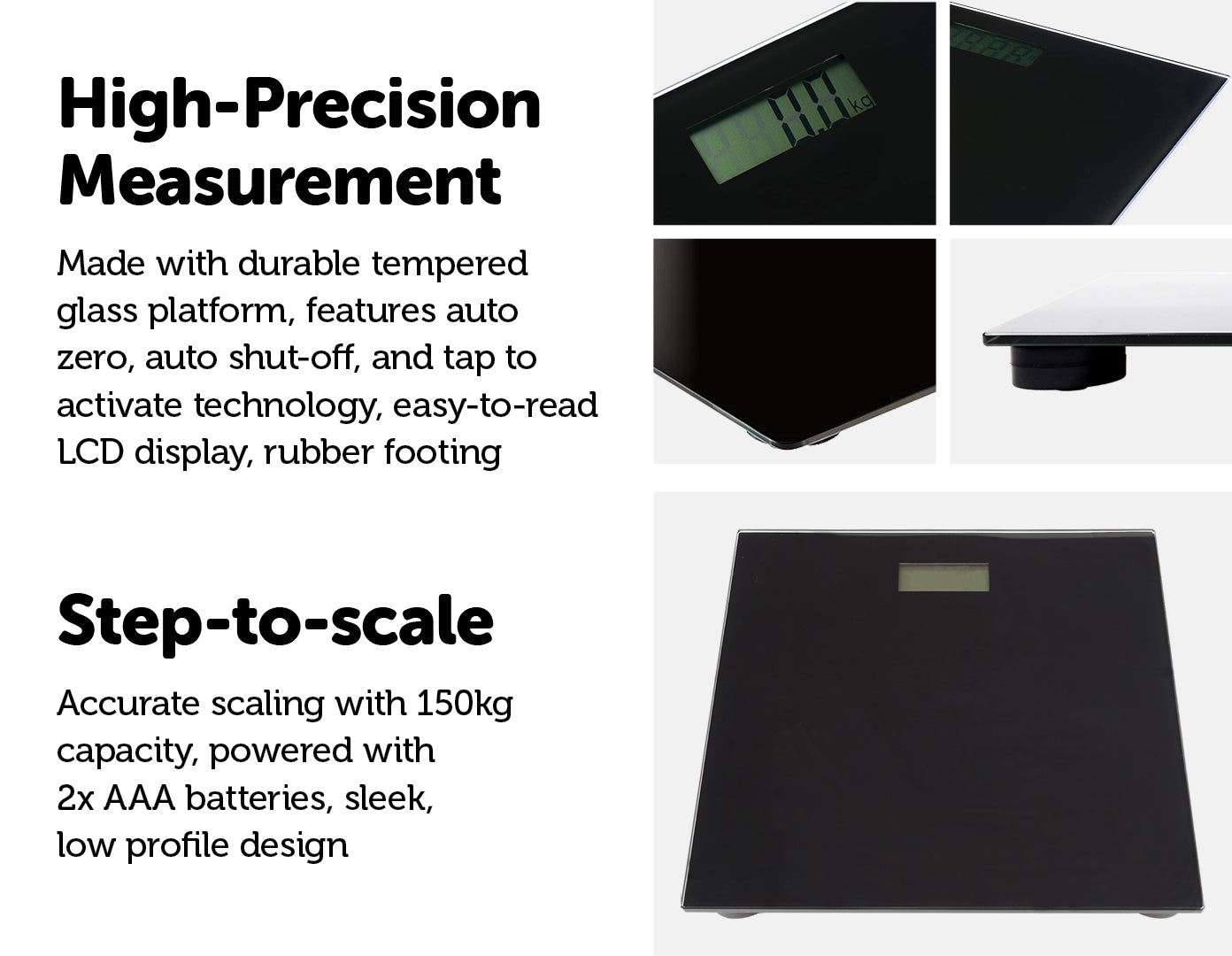 150KG Digital Bathroom Scale with sleek black glass design, featuring a digital display and low-profile structure.