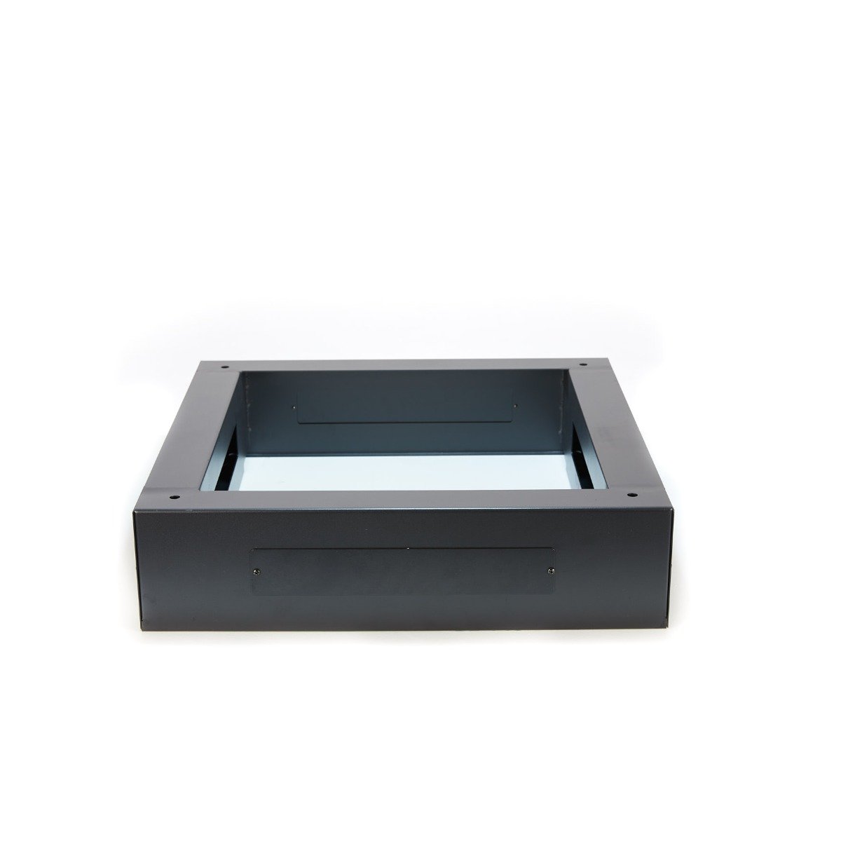 150mm high floor mount plinth designed for 800mm x 800mm server racks, made of cold rolled steel with a black powder-coated finish.