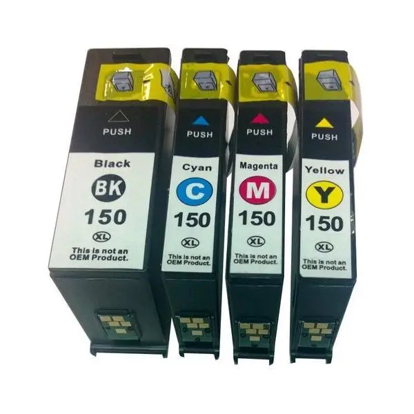 150XL Inkjet Compatible Set featuring four cartridges: black, cyan, magenta, and yellow, designed for high-quality printing.