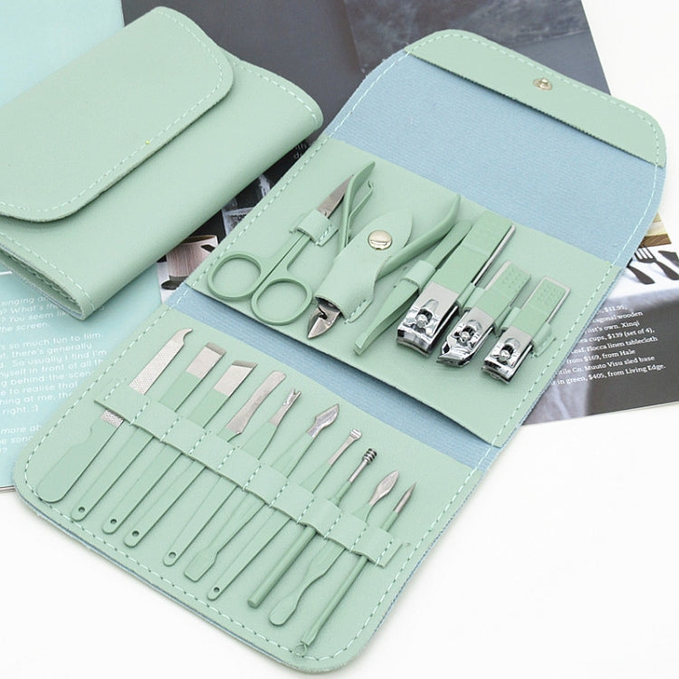 16 in 1 Green Convenience Tools Cutting Nails set featuring various stainless steel grooming tools in a compact design.