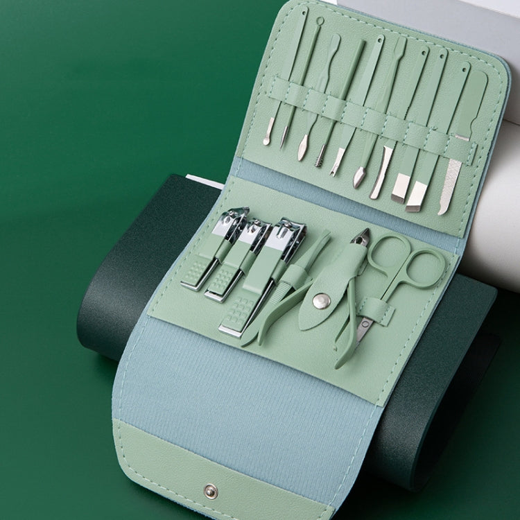 16 in 1 Green Convenience Tools Cutting Nails set featuring various stainless steel grooming tools in a compact design.