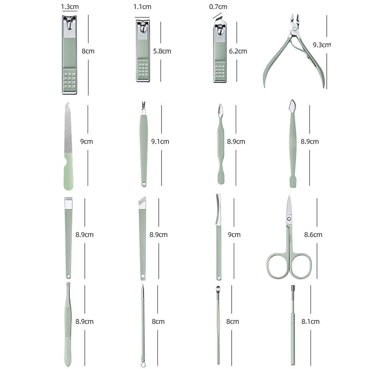 16 in 1 Green Convenience Tools Cutting Nails set featuring various stainless steel grooming tools in a compact design.