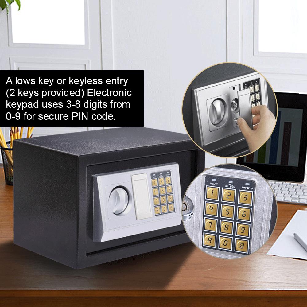 16L Electronic Safe Digital Security Box in black, showcasing its keypad and removable shelf.