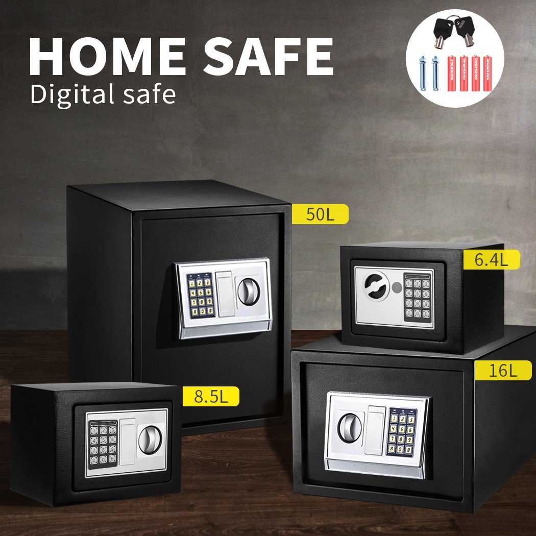 16L Electronic Safe Digital Security Box in black, showcasing its keypad and removable shelf.