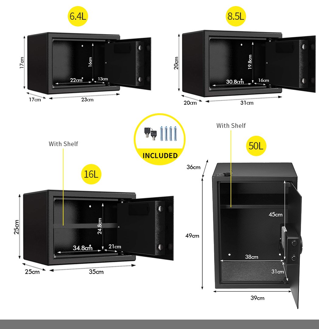 16L Electronic Safe Digital Security Box in black, showcasing its keypad and removable shelf.