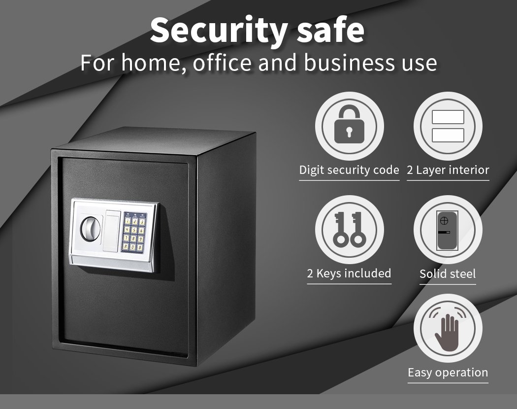 16L Electronic Safe Digital Security Box in black, showcasing its keypad and removable shelf.