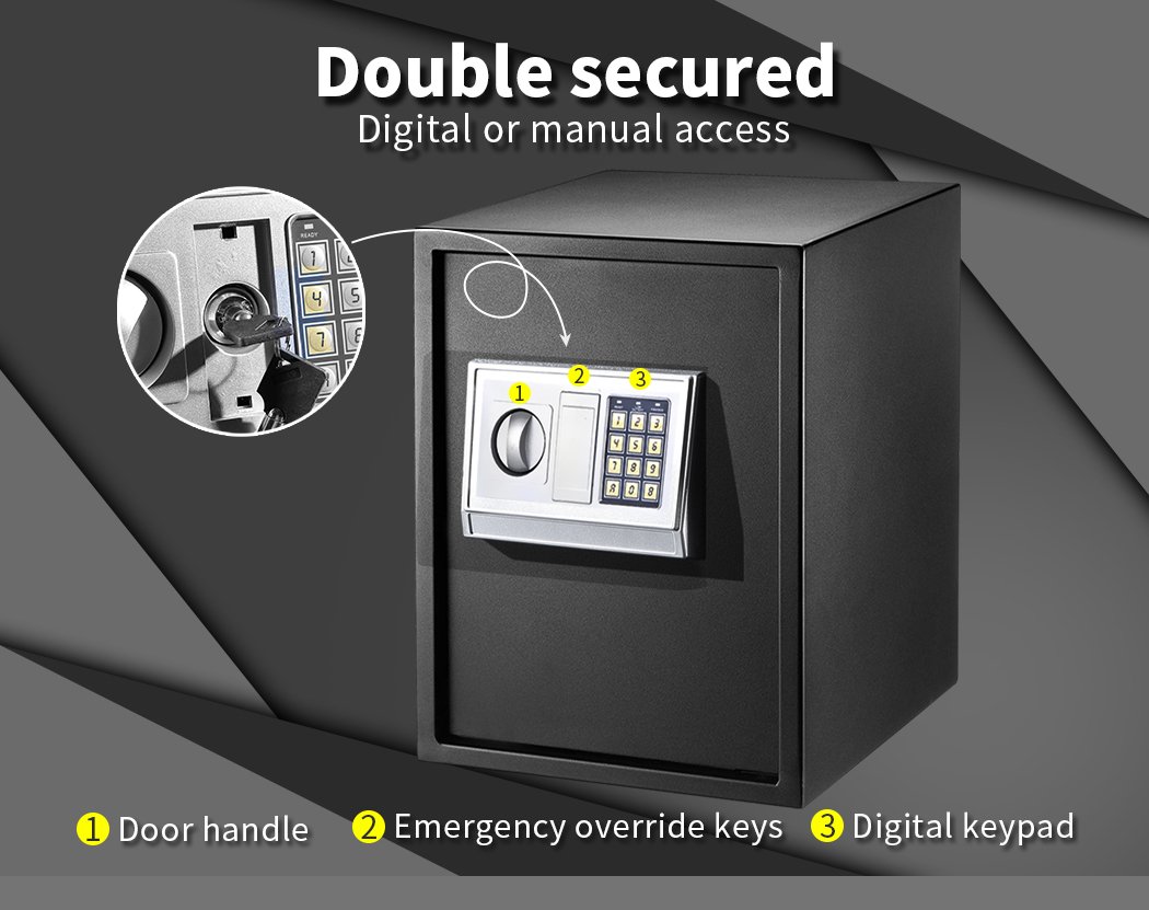 16L Electronic Safe Digital Security Box in black, showcasing its keypad and removable shelf.