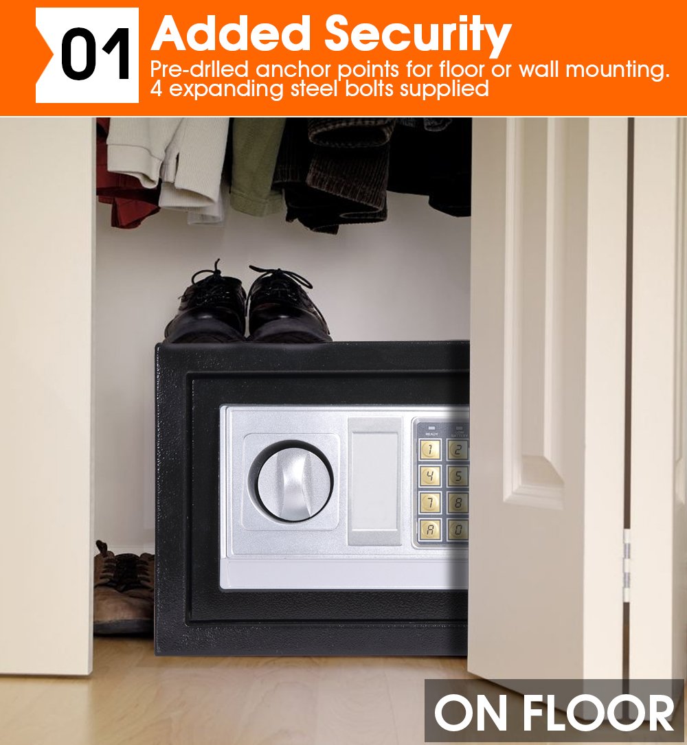 16L Electronic Safe Digital Security Box in black, showcasing its keypad and removable shelf.