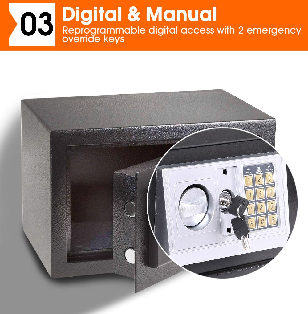 16L Electronic Safe Digital Security Box in black, showcasing its keypad and removable shelf.