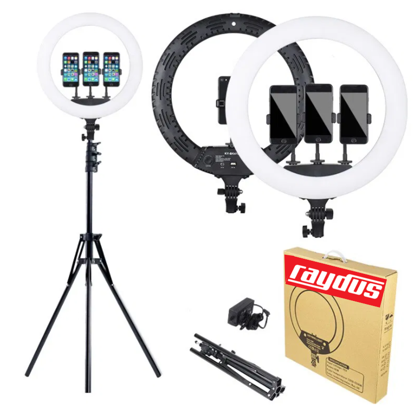 18 Inch LED Ring Light with tripod and three phone holders, showcasing its sleek black design and adjustable features for photography.