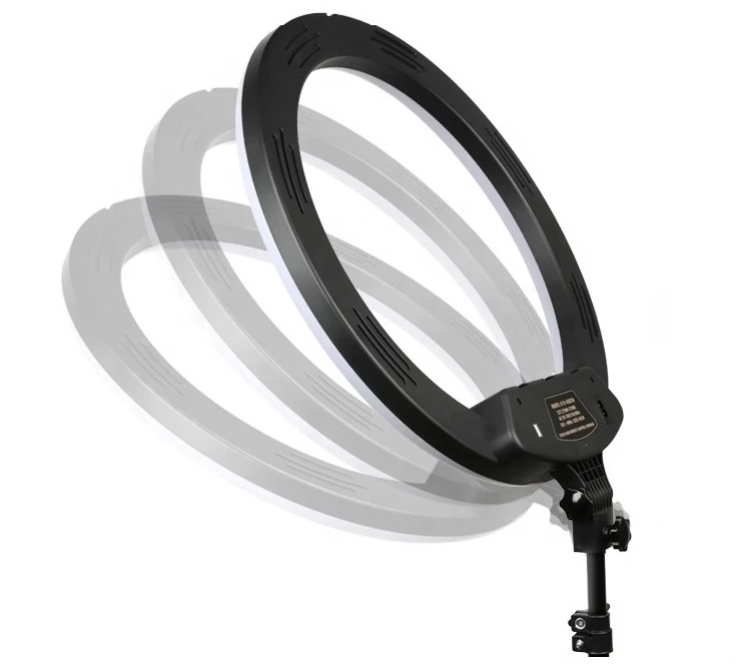 18 Inch LED Ring Light with tripod and three phone holders, showcasing its sleek black design and adjustable features for photography.