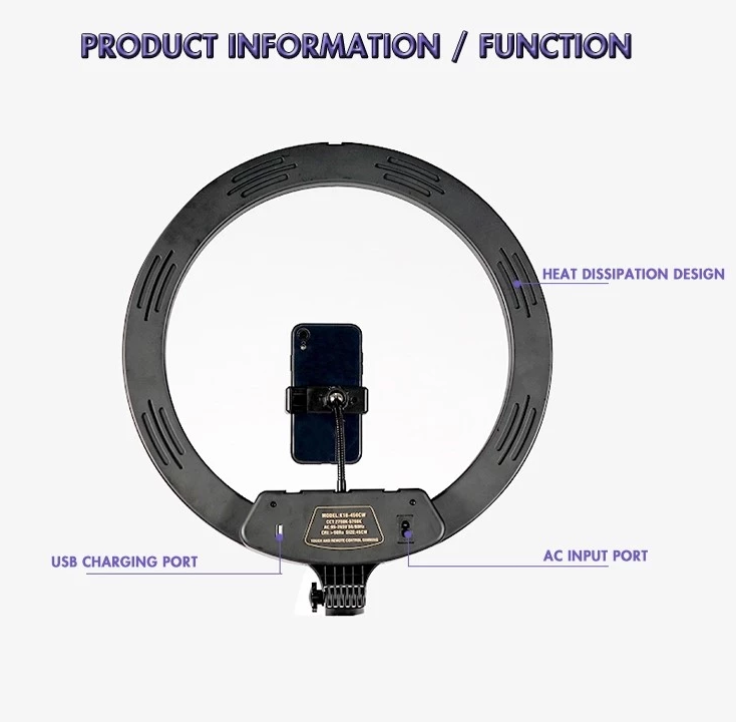 18 Inch LED Ring Light with tripod and three phone holders, showcasing its sleek black design and adjustable features for photography.