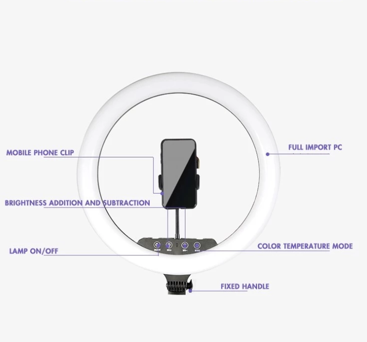 18 Inch LED Ring Light with tripod and three phone holders, showcasing its sleek black design and adjustable features for photography.