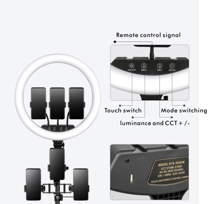 18 Inch LED Ring Light with tripod and three phone holders, showcasing its sleek black design and adjustable features for photography.