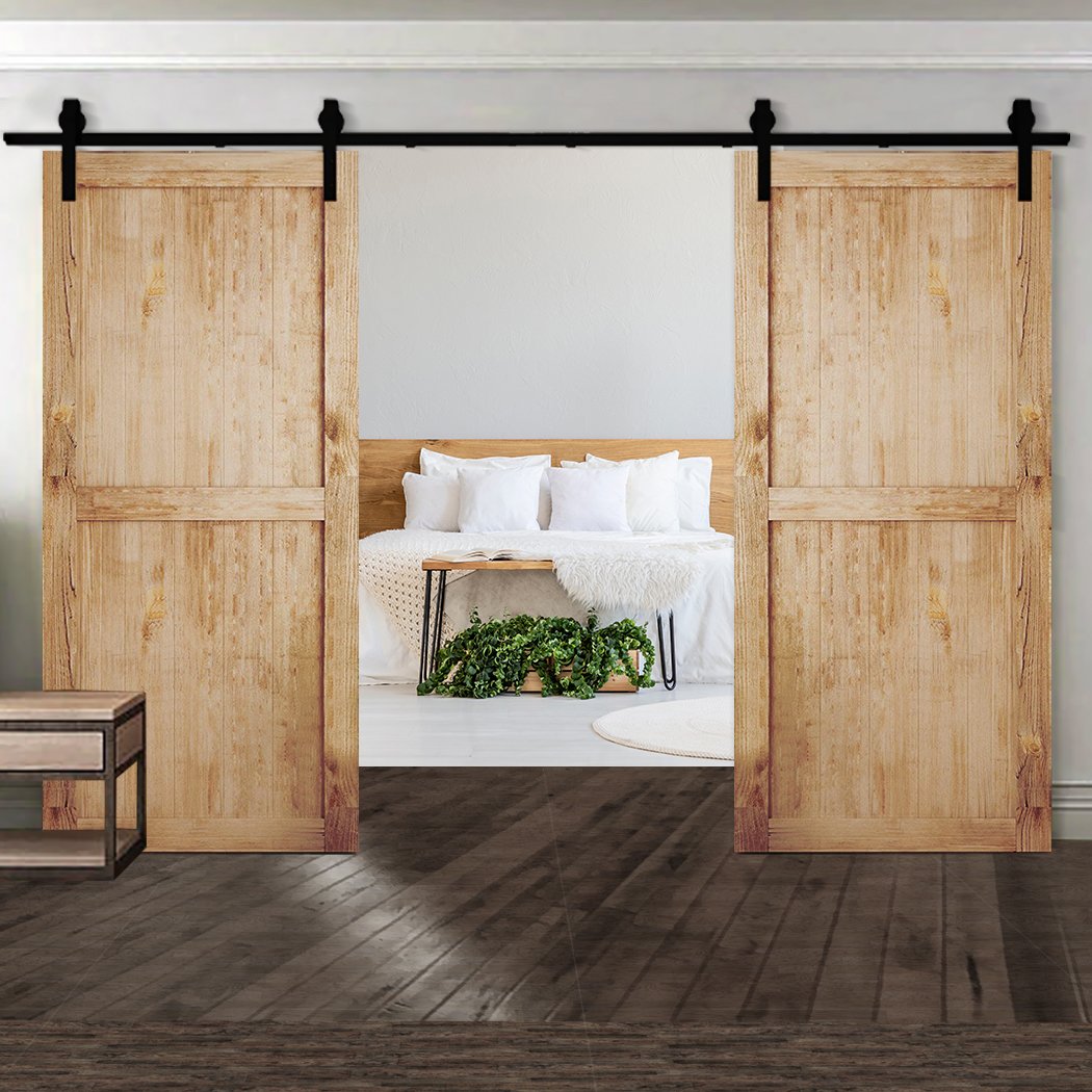 1.83M Antique Classic Style Double Sliding Barn Door Hardware Track featuring heavy-duty carbon steel construction and black powder-coated finish.