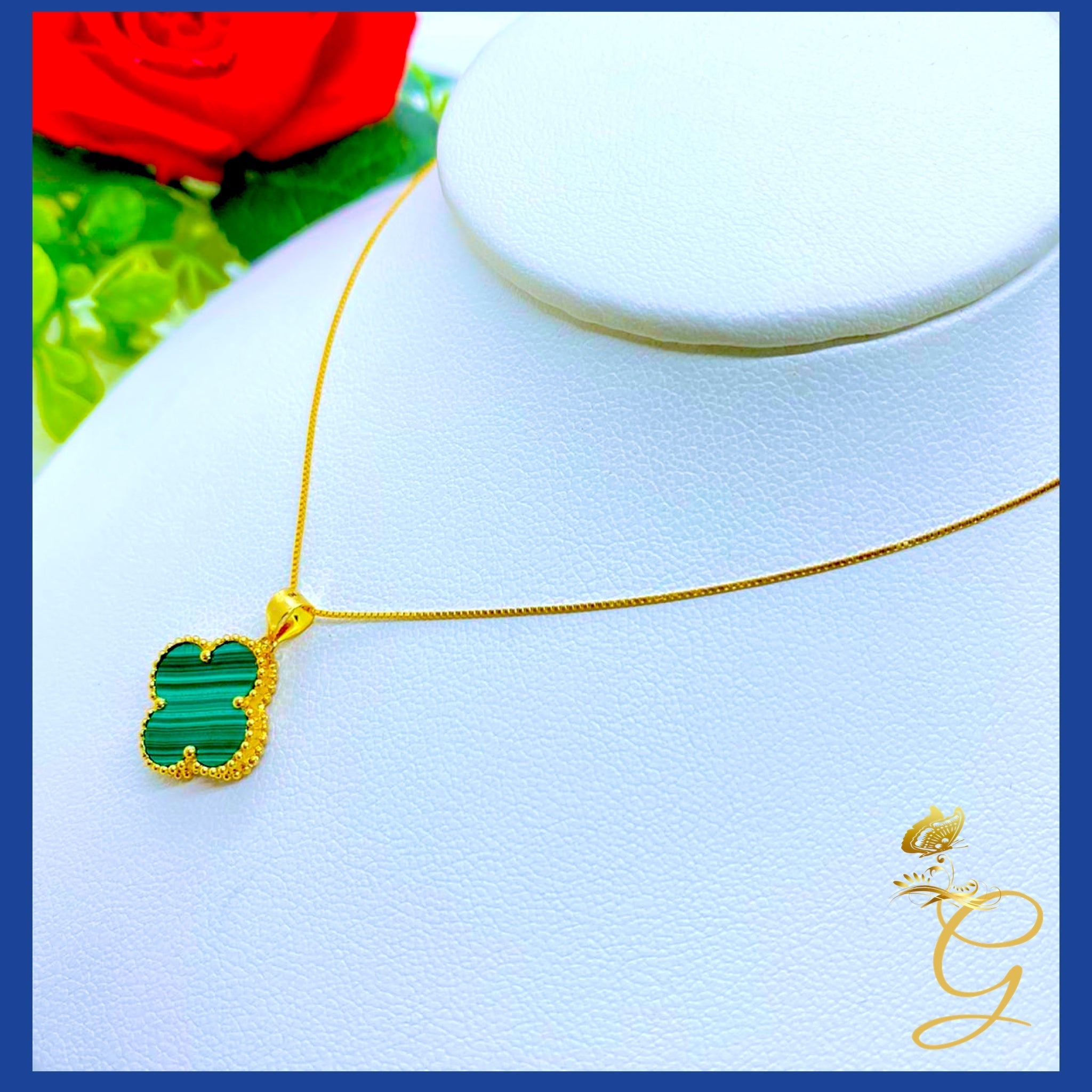 18K Real Gold 15mm Green Cloverleaf Necklace displayed elegantly, showcasing its intricate design and solid gold craftsmanship.