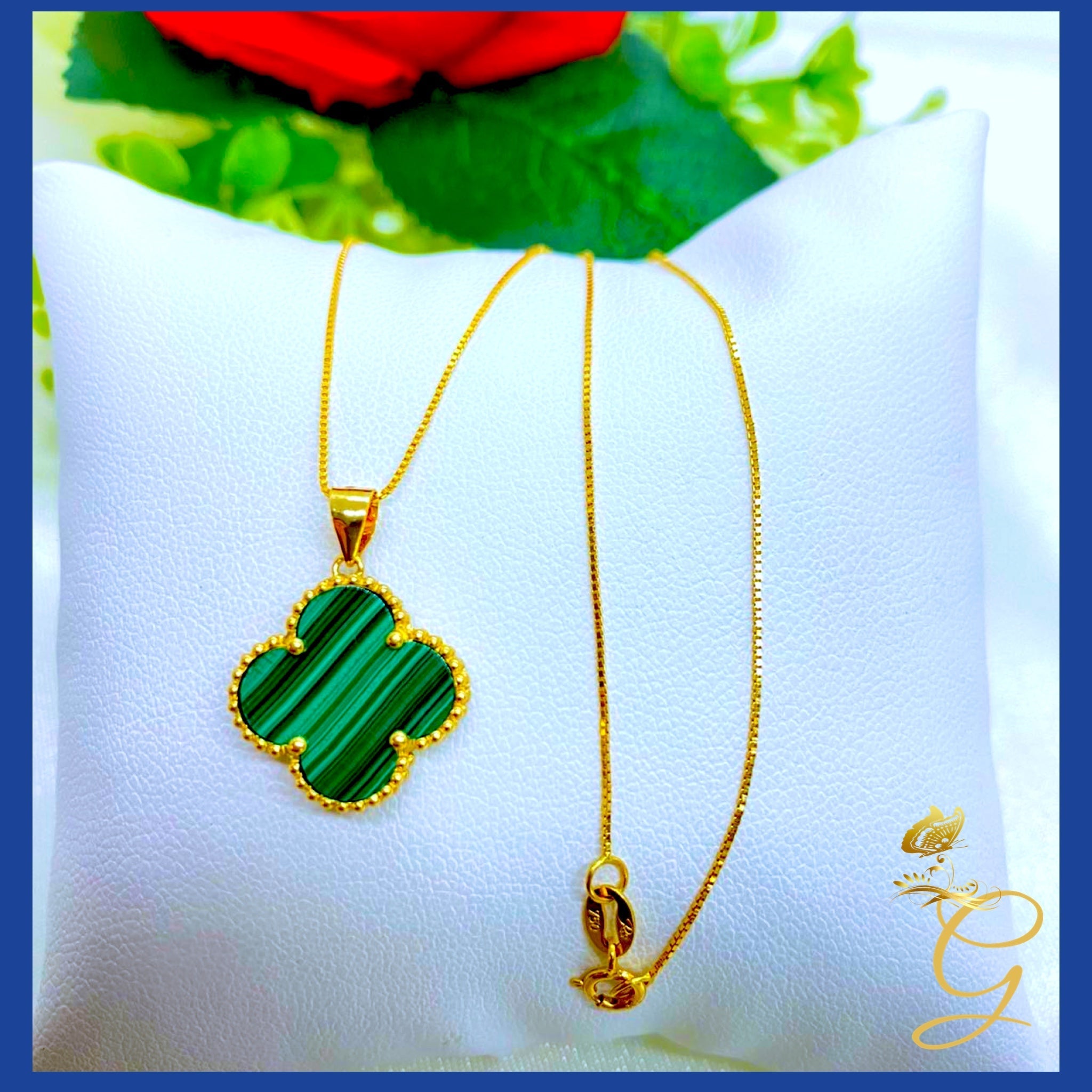 18K Real Gold 15mm Green Cloverleaf Necklace displayed elegantly, showcasing its intricate design and solid gold craftsmanship.