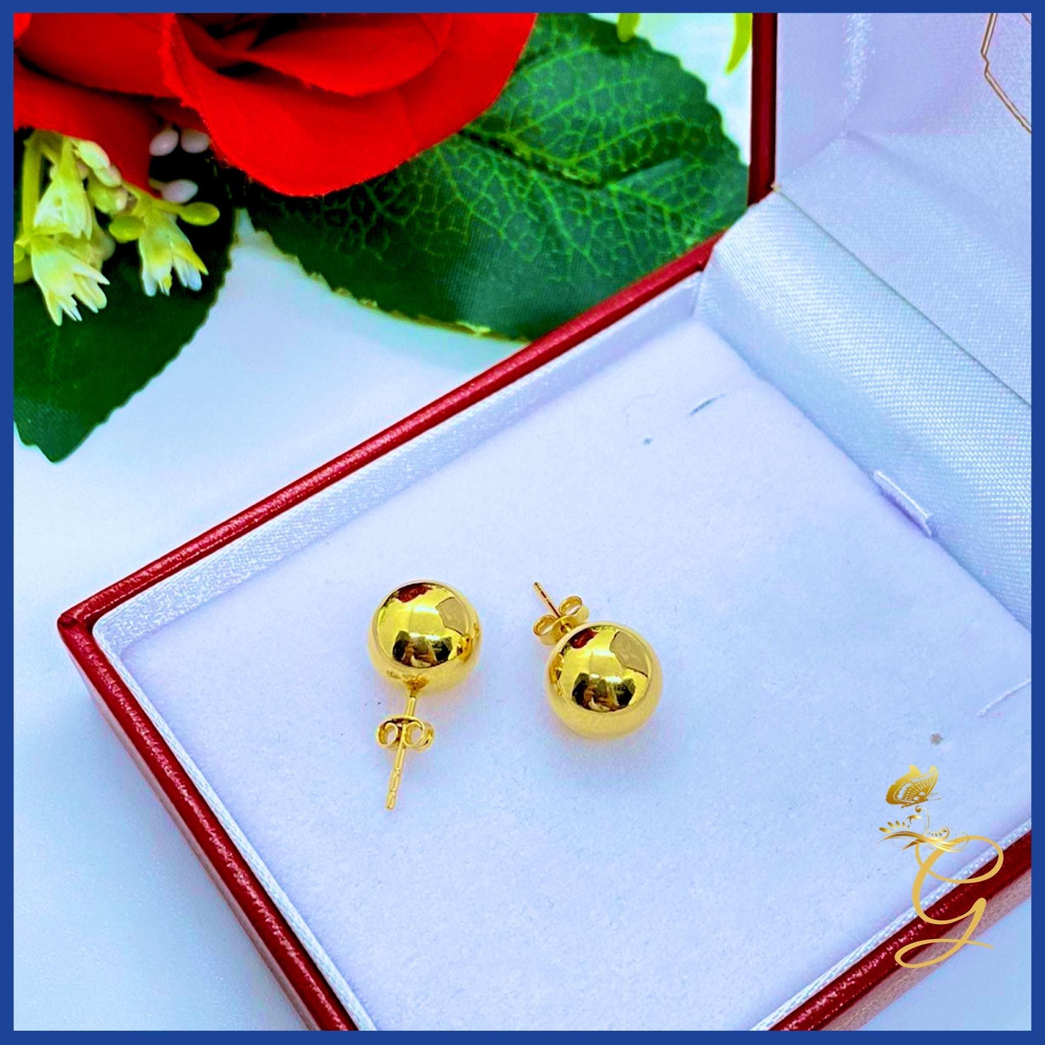 Elegant 18K Real Gold Ball Stud Earrings showcasing their shiny yellow gold finish and classic design.