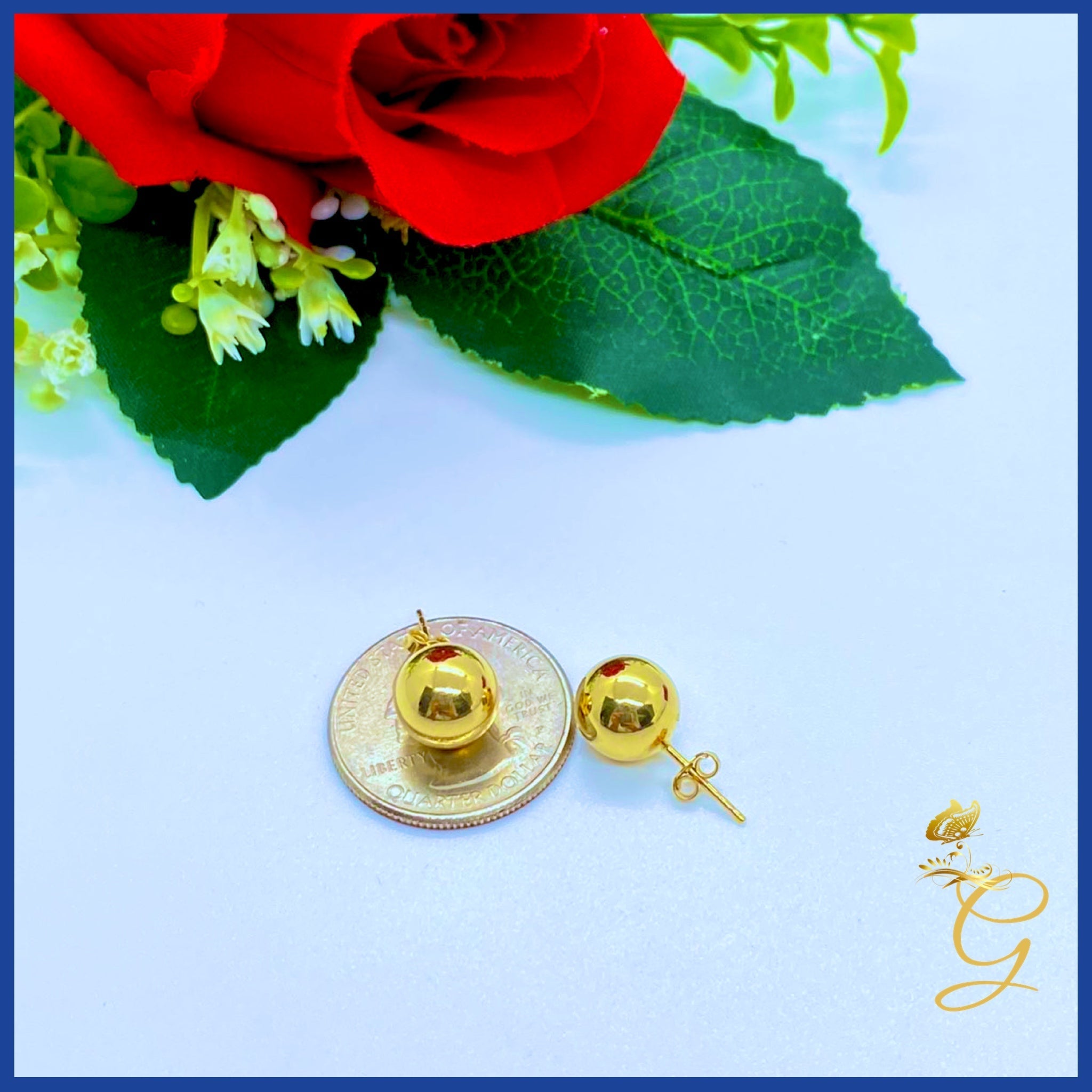 Elegant 18K Real Gold Ball Stud Earrings showcasing their shiny yellow gold finish and classic design.