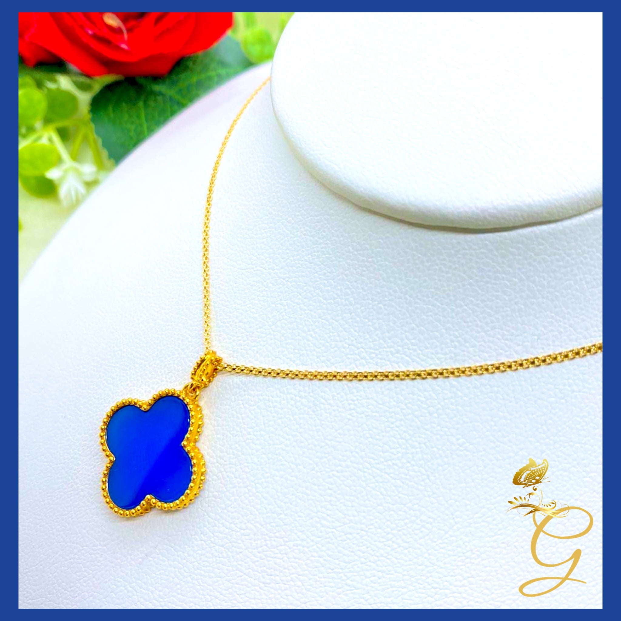 18K Real Gold Blue Cloverleaf Necklace, 18 inches long, featuring a unique blue cloverleaf design in solid yellow gold.