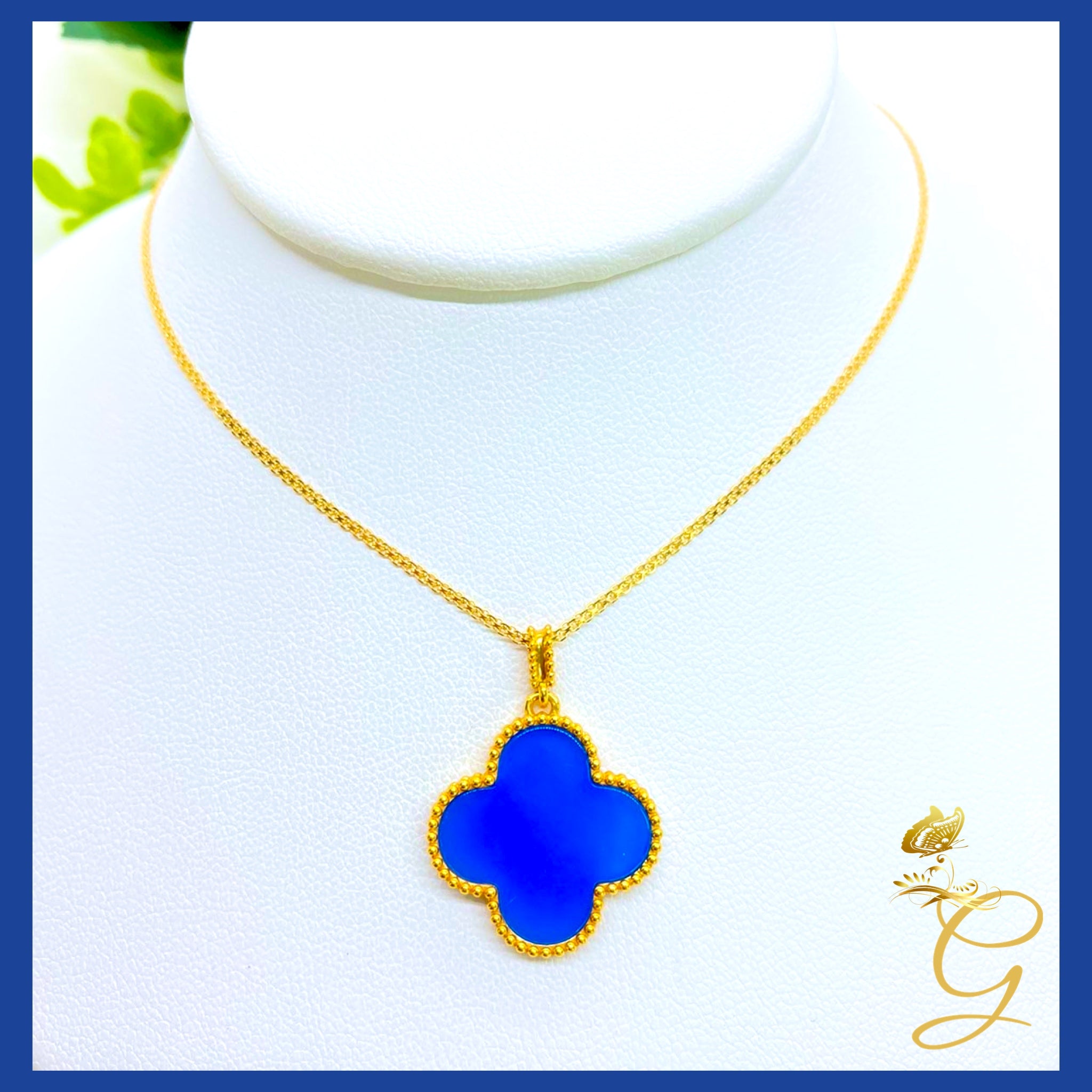 18K Real Gold Blue Cloverleaf Necklace, 18 inches long, featuring a unique blue cloverleaf design in solid yellow gold.