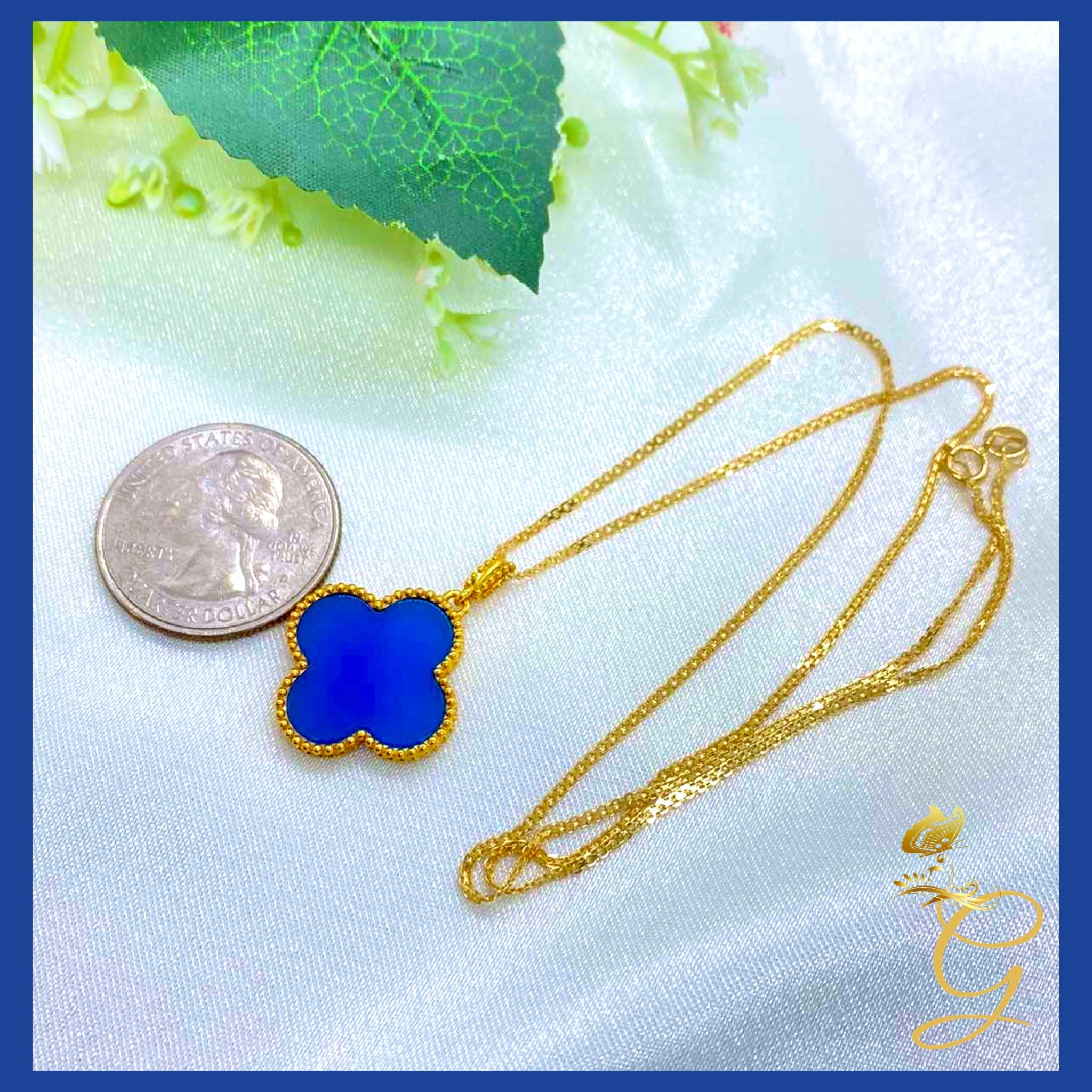 18K Real Gold Blue Cloverleaf Necklace, 18 inches long, featuring a unique blue cloverleaf design in solid yellow gold.