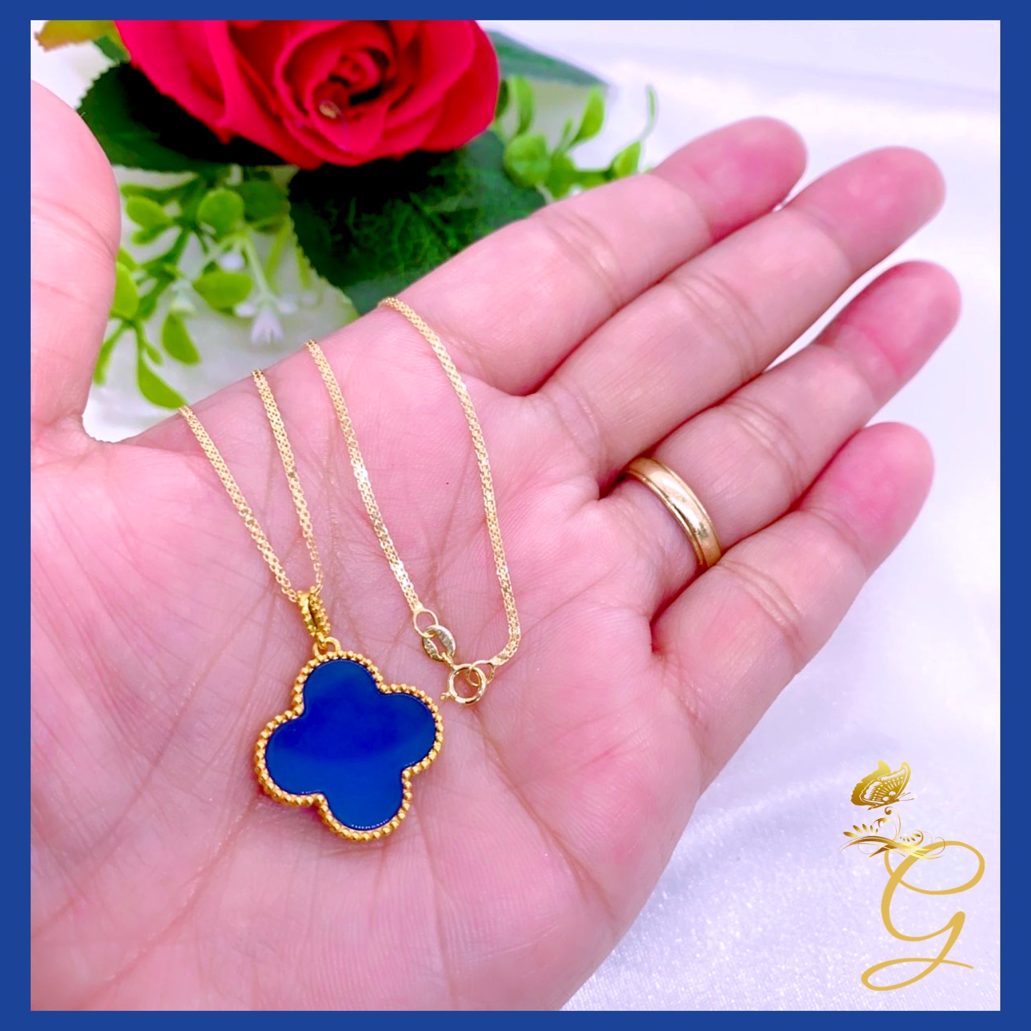 18K Real Gold Blue Cloverleaf Necklace, 18 inches long, featuring a unique blue cloverleaf design in solid yellow gold.