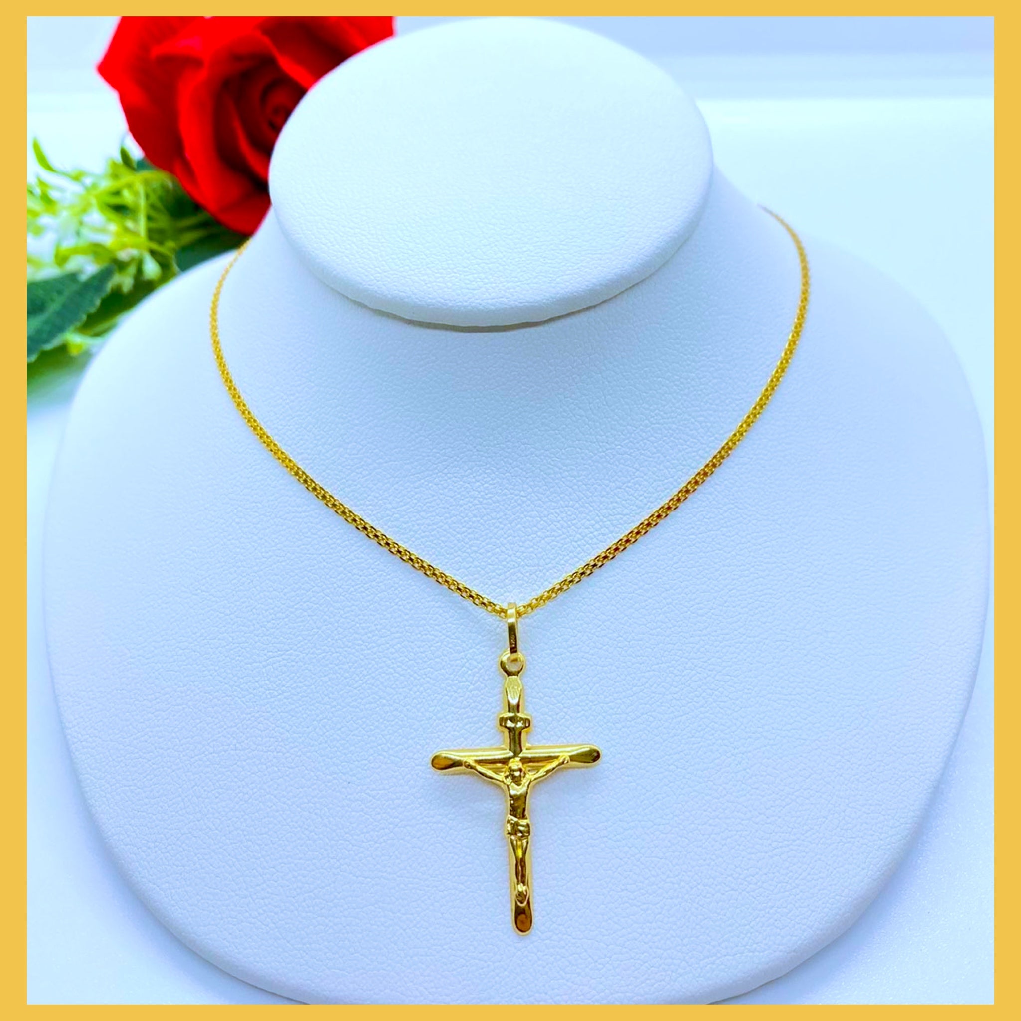 18K Real Gold Cross Necklace, 18 inches long, featuring a solid yellow gold cross pendant, perfect for everyday wear.