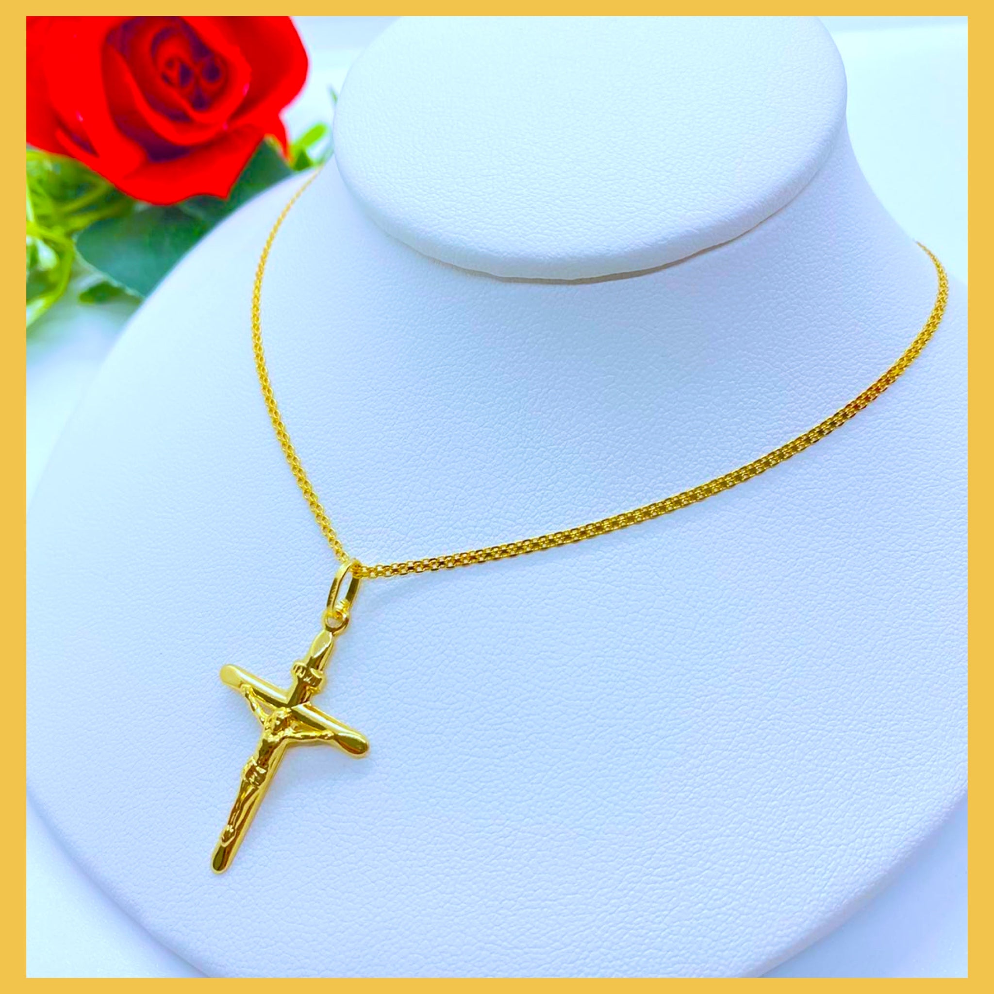 18K Real Gold Cross Necklace, 18 inches long, featuring a solid yellow gold cross pendant, perfect for everyday wear.