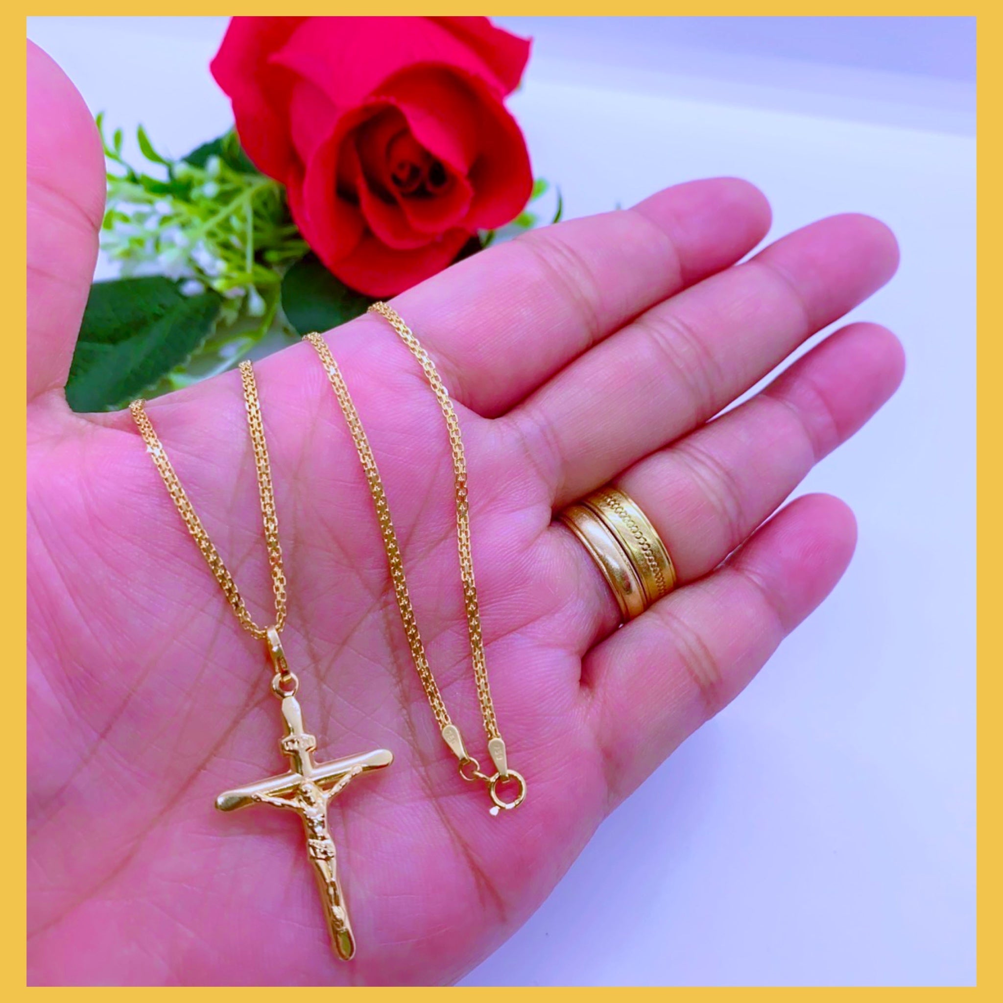 18K Real Gold Cross Necklace, 18 inches long, featuring a solid yellow gold cross pendant, perfect for everyday wear.