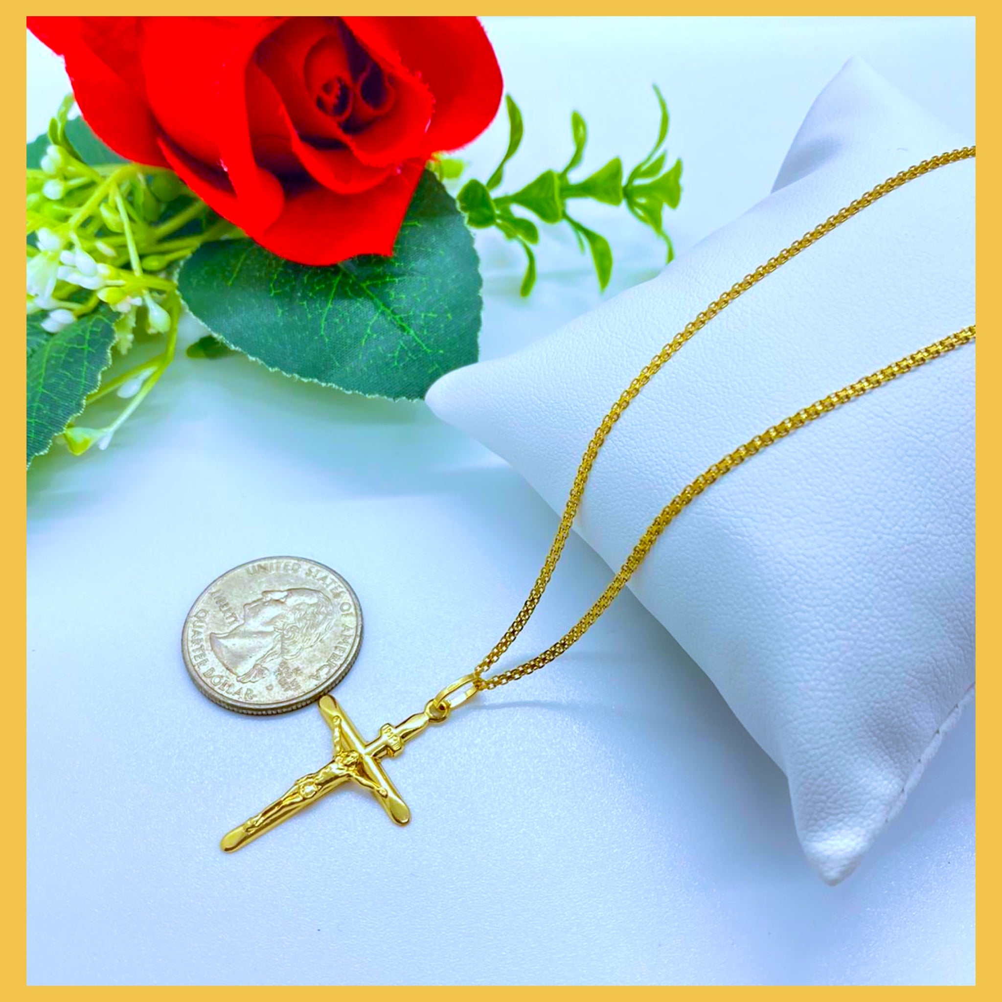 18K Real Gold Cross Necklace, 18 inches long, featuring a solid yellow gold cross pendant, perfect for everyday wear.