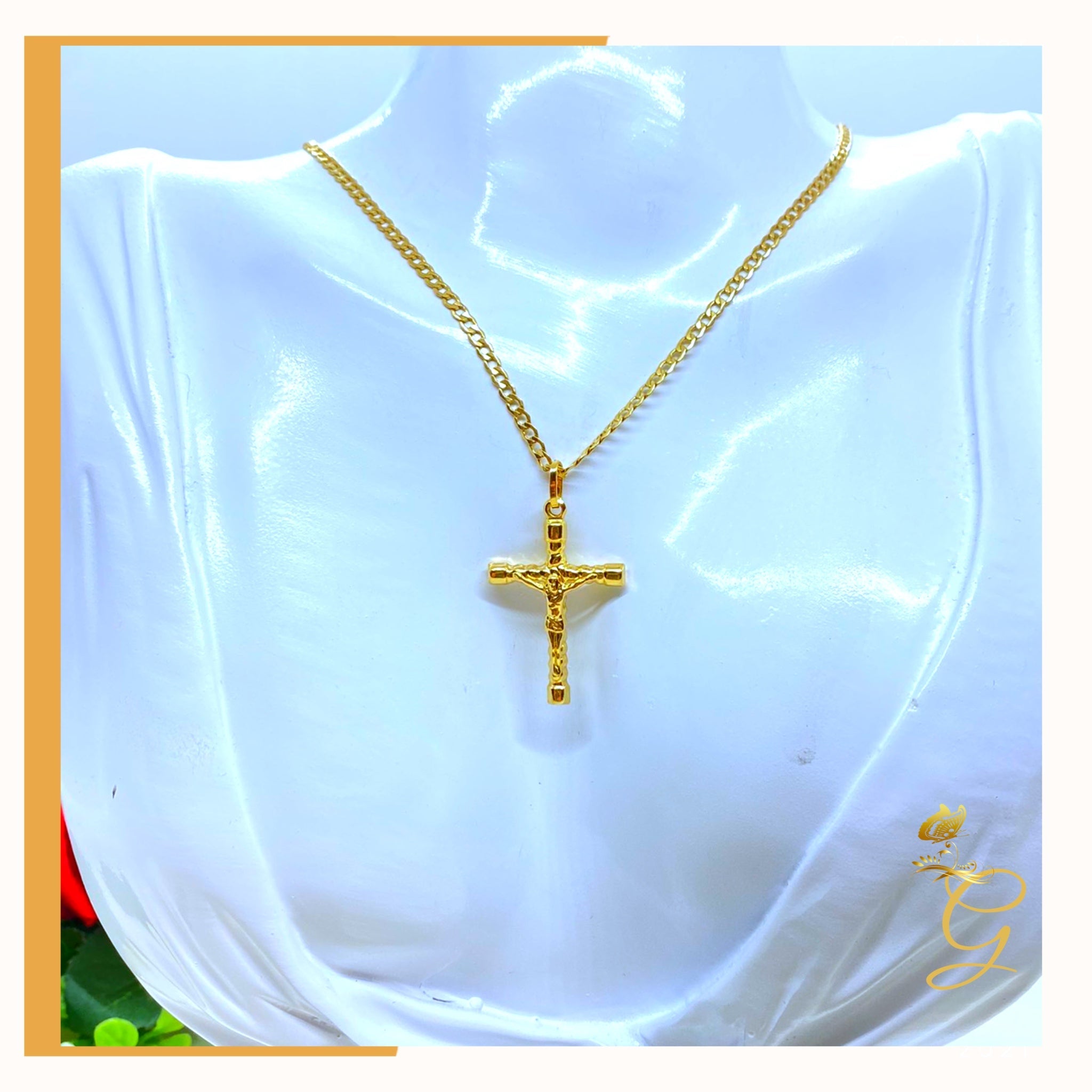 18K Real Gold Cross Necklace, 18 inches long, featuring a solid yellow gold design with a cross pendant.