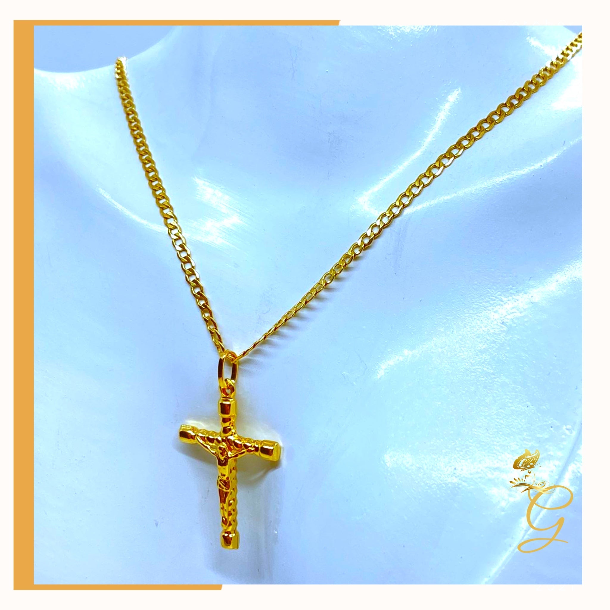 18K Real Gold Cross Necklace, 18 inches long, featuring a solid yellow gold design with a cross pendant.