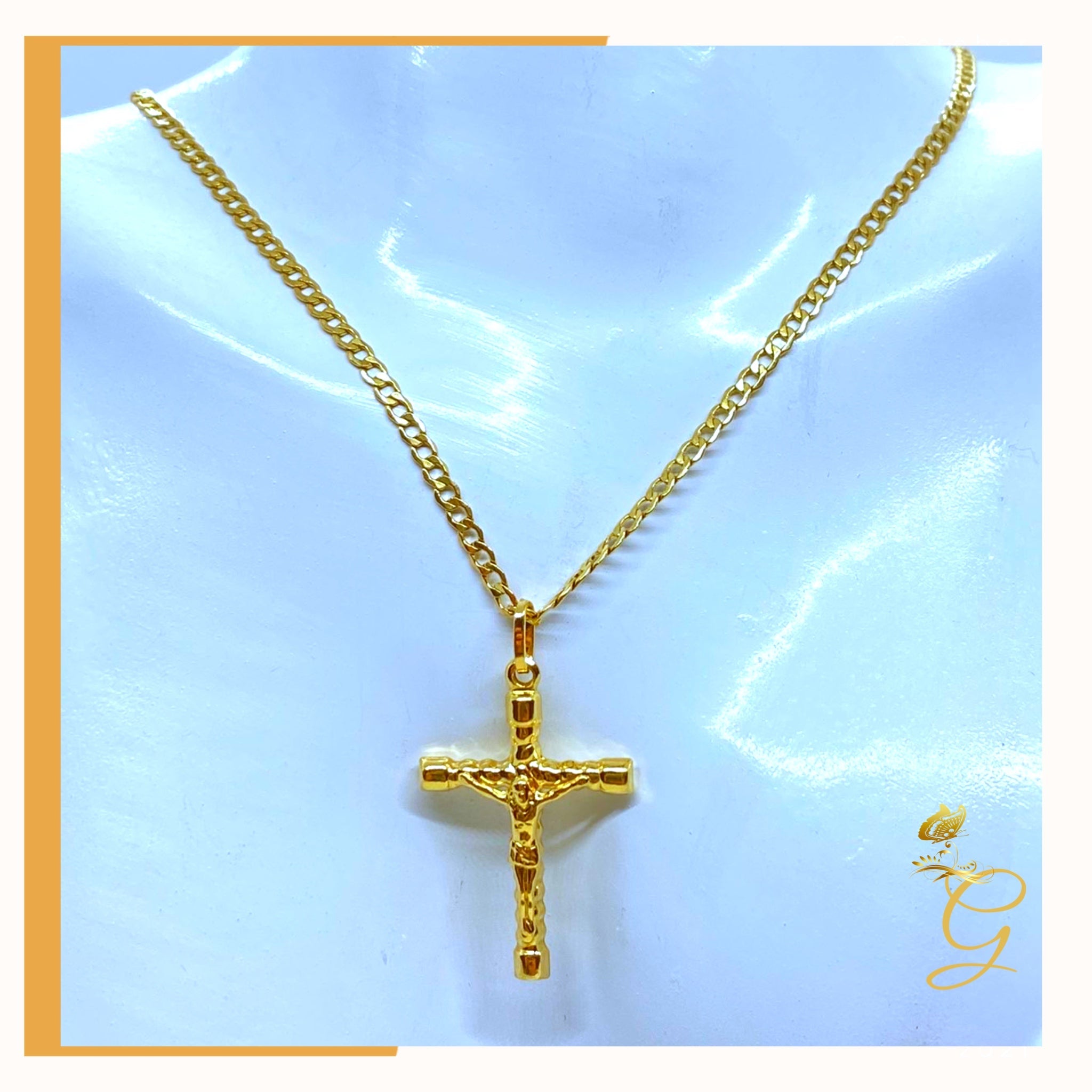 18K Real Gold Cross Necklace, 18 inches long, featuring a solid yellow gold design with a cross pendant.