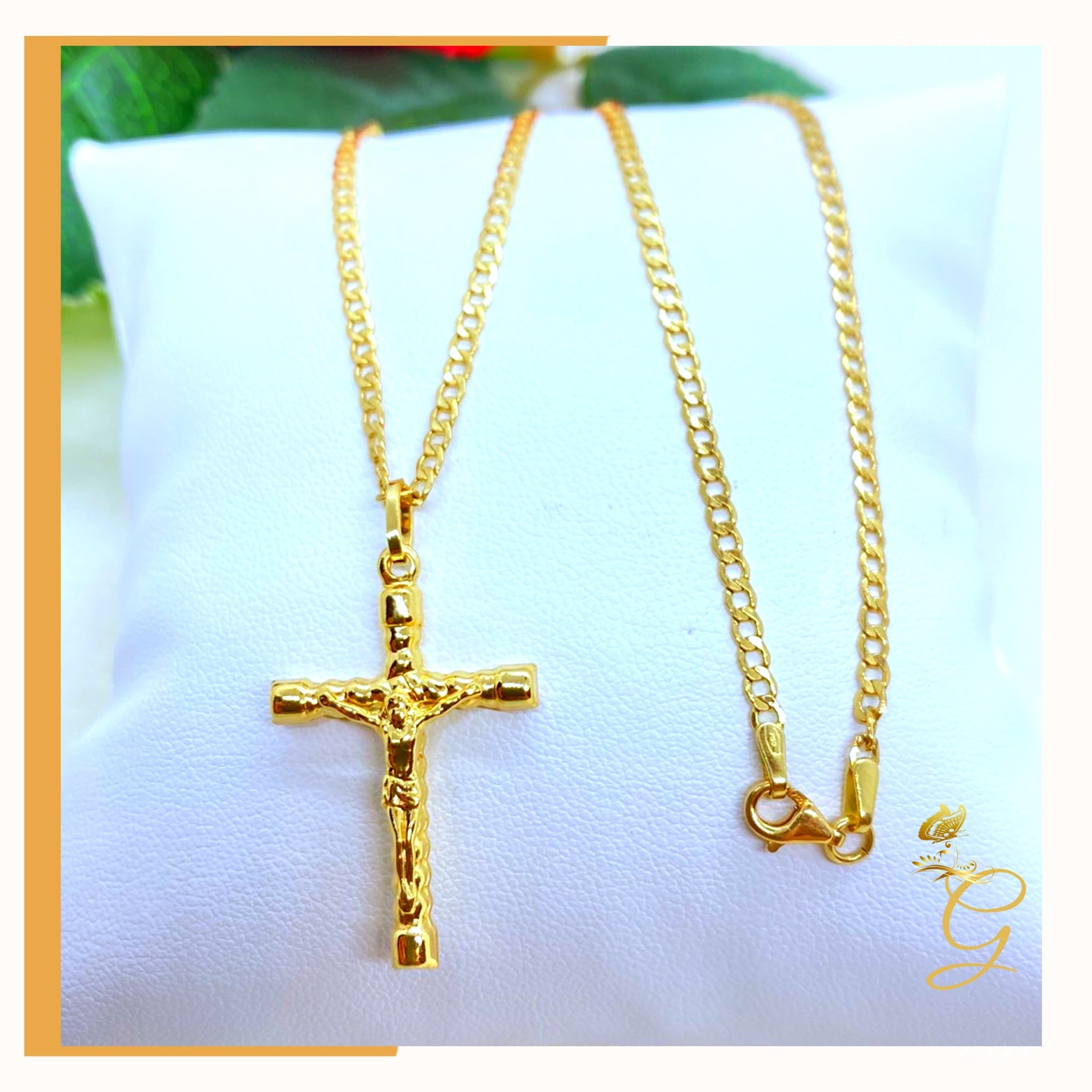 18K Real Gold Cross Necklace, 18 inches long, featuring a solid yellow gold design with a cross pendant.