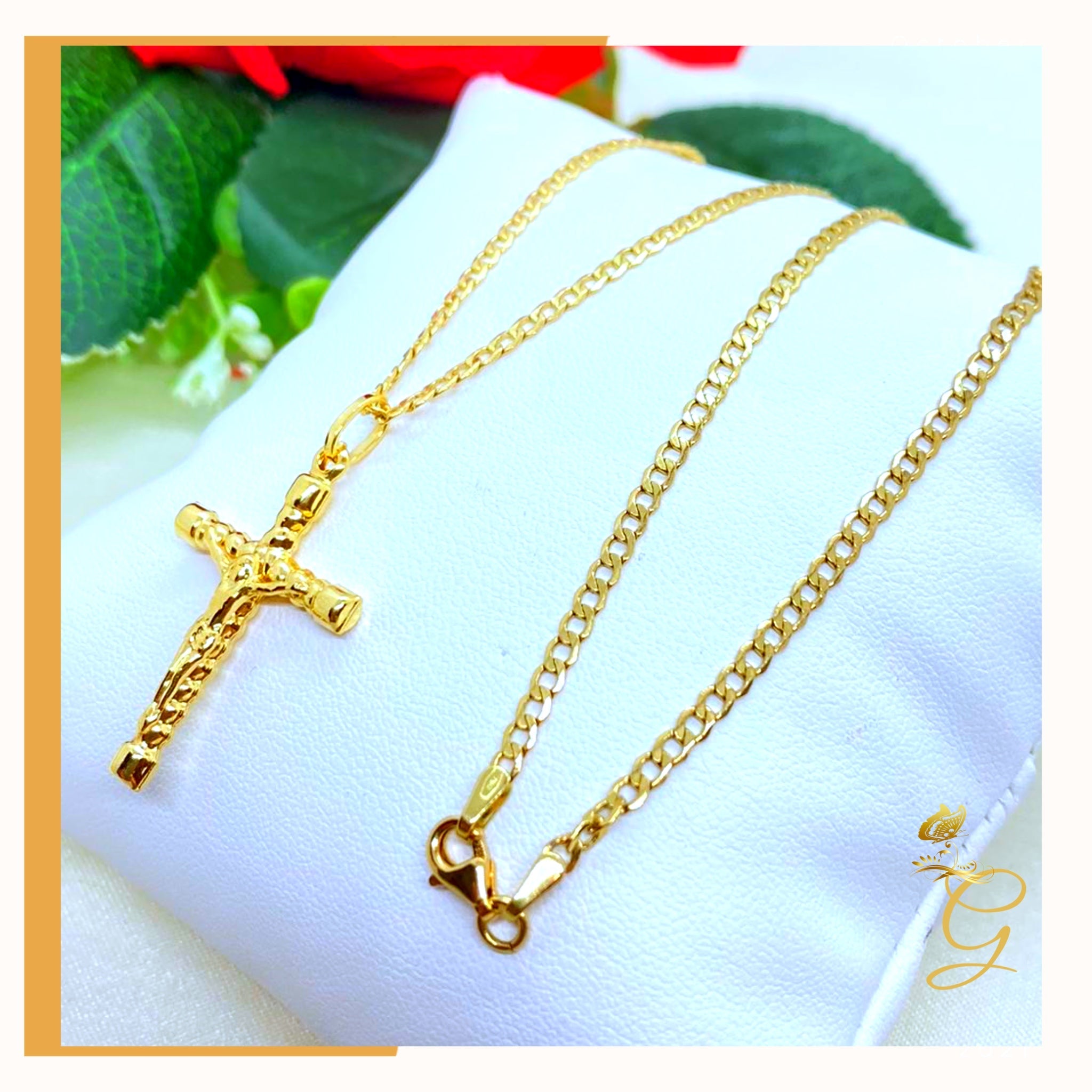 18K Real Gold Cross Necklace, 18 inches long, featuring a solid yellow gold design with a cross pendant.