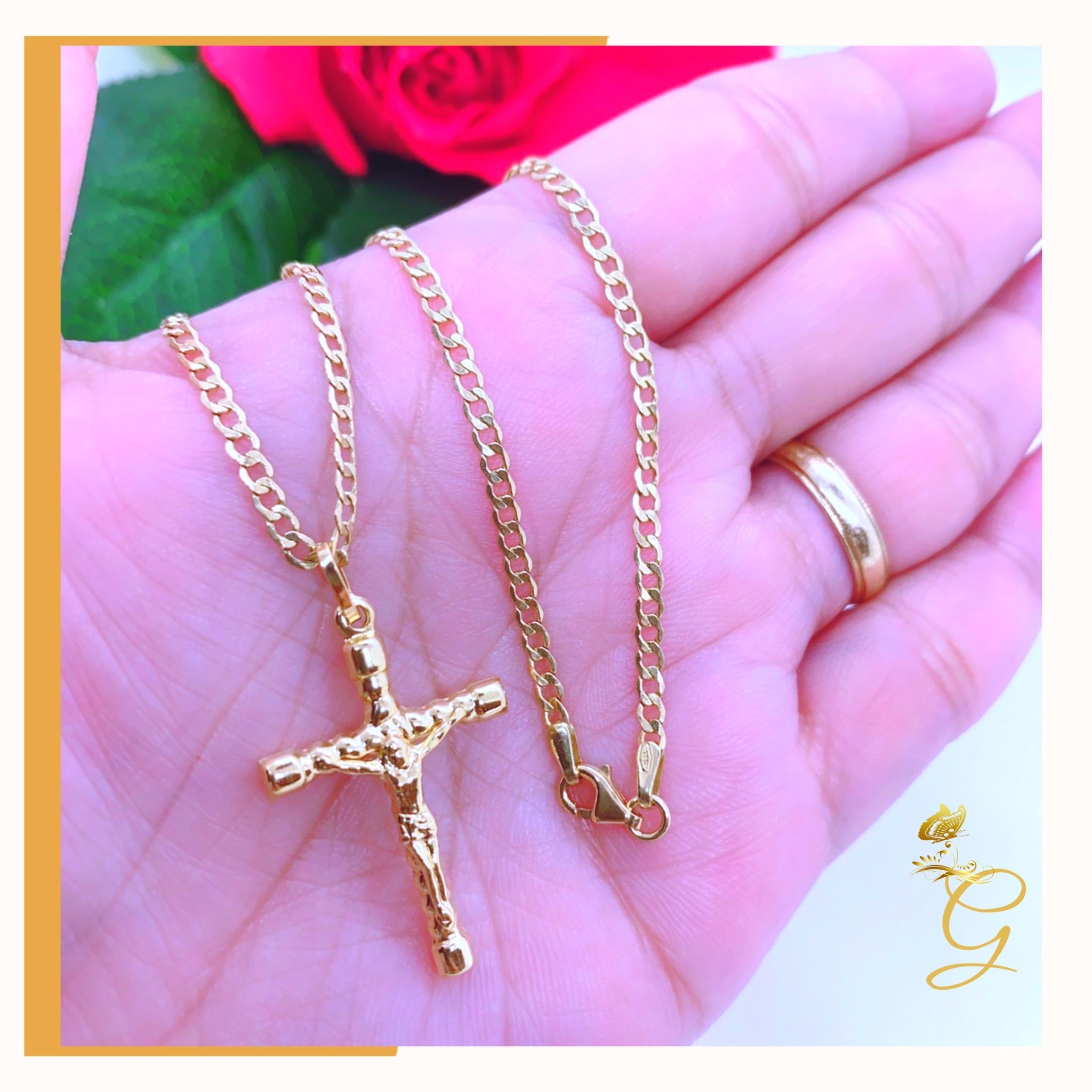 18K Real Gold Cross Necklace, 18 inches long, featuring a solid yellow gold design with a cross pendant.