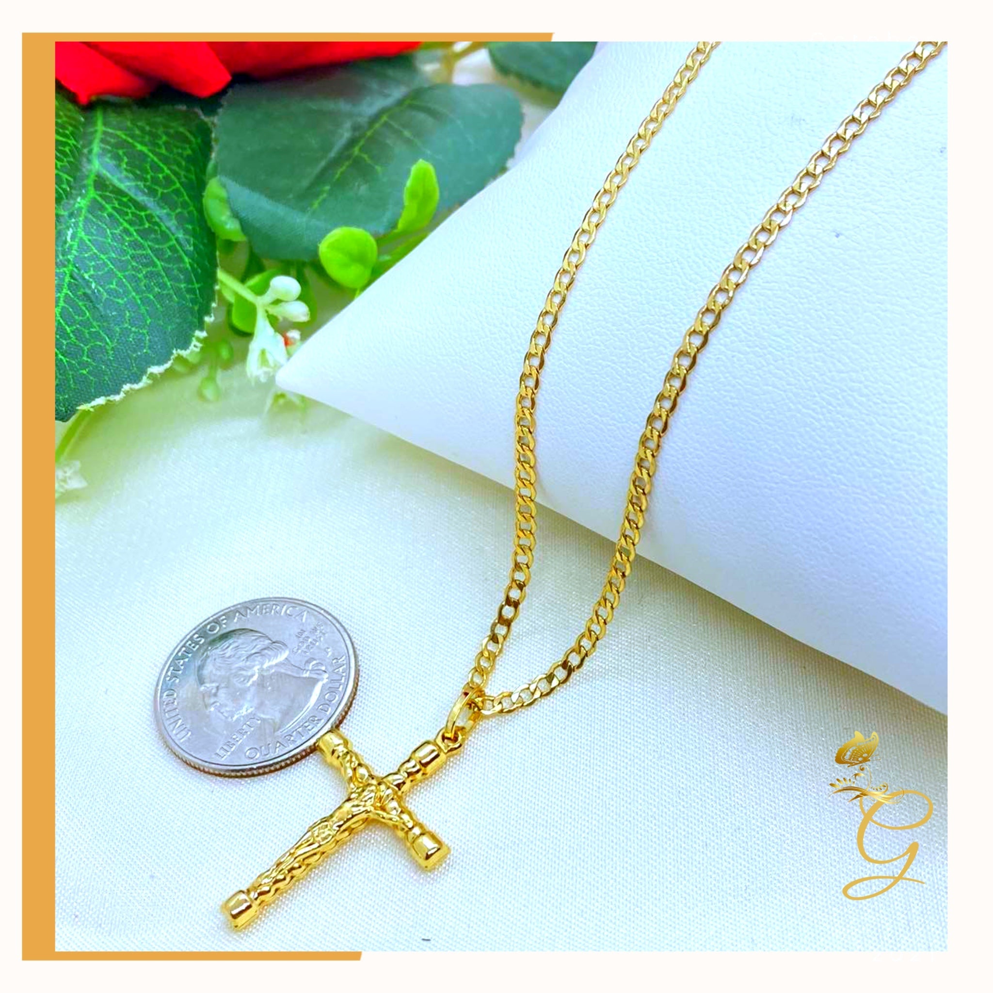 18K Real Gold Cross Necklace, 18 inches long, featuring a solid yellow gold design with a cross pendant.