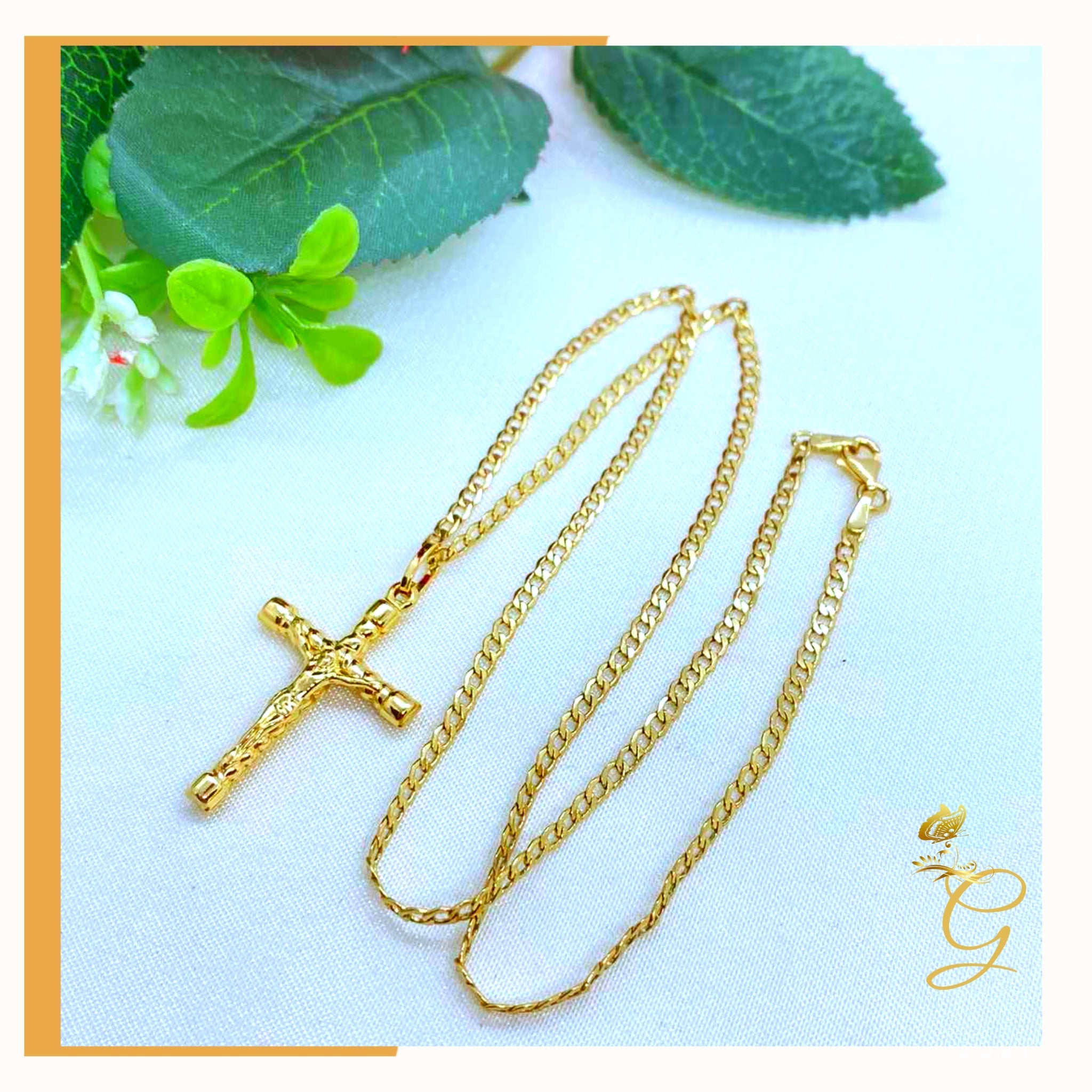 18K Real Gold Cross Necklace, 18 inches long, featuring a solid yellow gold design with a cross pendant.