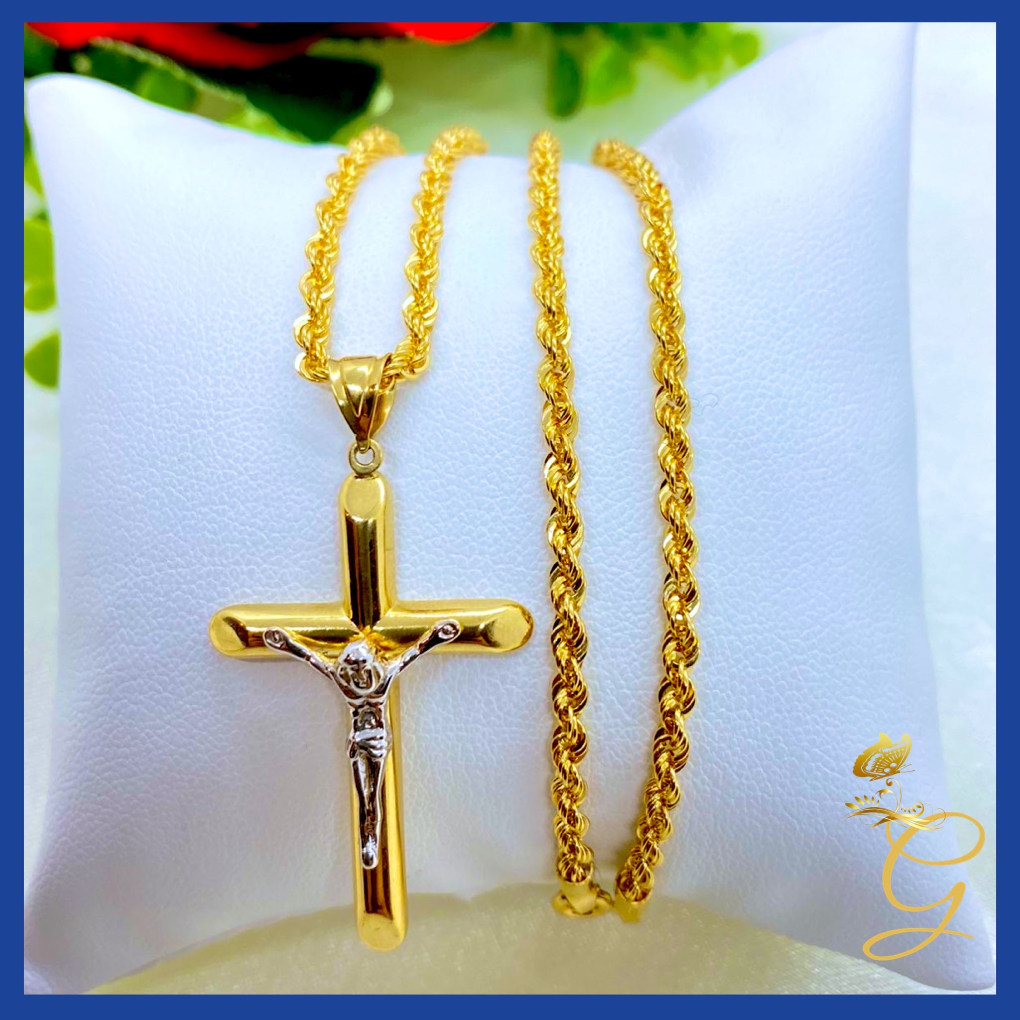 18K Real Gold Cross Necklace, 20 inches long, featuring a solid yellow gold cross pendant, perfect for everyday wear.