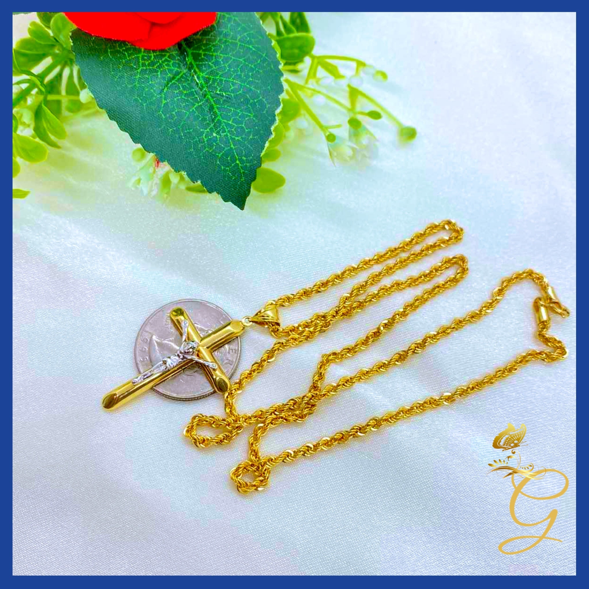 18K Real Gold Cross Necklace, 20 inches long, featuring a solid yellow gold cross pendant, perfect for everyday wear.